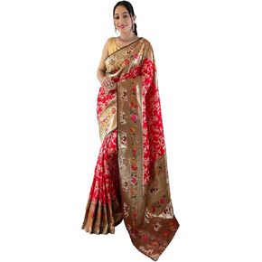 Paithani patola Lucknawi golden zari woven saree with contrast unstitched blouse