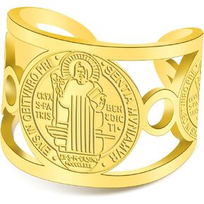 TEAMER Religious Saint Benedict Ring Stainless Steel Resizable St. Benedict Ring Catholic Christian Faith Evil Protection Amulet Jewelry For Women Men