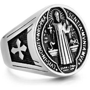 HZMAN St. Benedict Exorcism Ring for Men Women Stainless Steel Gold Silver Catholic Cross Ring Protection Ghost Hunter Ring Jewelry Gift