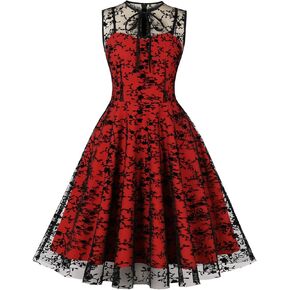Wellwits Women's Keyhole Tie Floral Mesh Halloween Gothic Vintage Dress