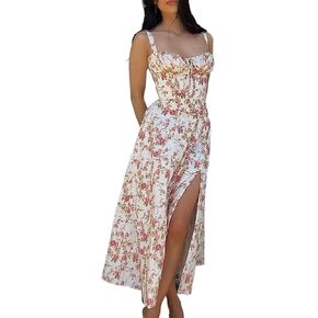 Women's Floral Tie Backless High Split Halter Dress Holiday Style Dress