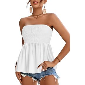 Rooscier Women's Smocked Tube Tops Ruffle Hem Sleeveless Peplum Bandeau Strappy Cami Tank