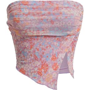 OYOANGLE Women's Boho Ditsy Floral Print Mesh Strapless Split Hem Crop Tube Tops Sleeveless Summer Tops