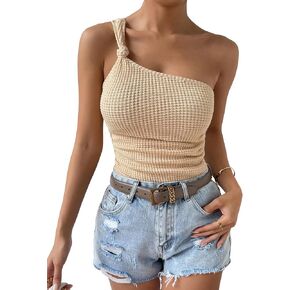 OYOANGLE Women's Sleeveless One Shoulder Knot Front Waffle Knit Tank Top Asymmetrical Neck Cami Tops