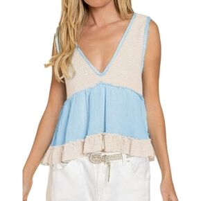 Womens Tank Tops V Neck Waffle Knit Camis Sleeveless Ruffle Hem Crop Top Peplum Blouses