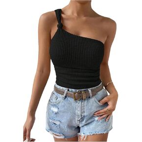OYOANGLE Women's Sleeveless One Shoulder Knot Front Waffle Knit Tank Top Asymmetrical Neck Cami Tops