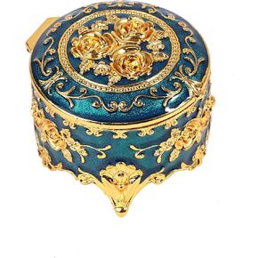 Feyarl Vintage Small Jewelry Trinket Box Ring Earring Organizer Round Keepsake Box Treasure Case Chest Decorative Display Box for Home Decor Women Girls Wedding Birthday Gift (Blue)