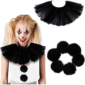Suhine 7 Pcs Women Clown Costume Accessories Include 1 Clown Collar Ruffle and 6 Pompom Ball for Halloween Party