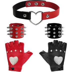 5 Pcs Gothic Punk Accessories - Punk Leather Fingerless Gloves Goth Heart Choker Necklace Spike Bracelet Set for Halloween Party Cosplay Costume