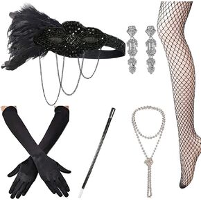 1920s Accessories Set Flapper Headband,Earrings,Pearl Necklace,Gloves,Net Tights,Pearl Bracelet (OneSize, Set-39)