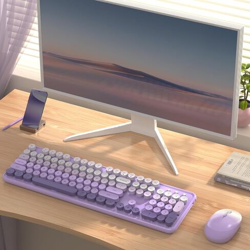 Colorful Wireless Keyboard and Mouse Combo, 2.4GHz Wireless Retro Cute Round Keycaps Keyboard, 104 Keys Full-Sized Keyboard Mouse Set with Switch Button for PC Laptop Desktop (Rose Gradient) in Saudi Arabia