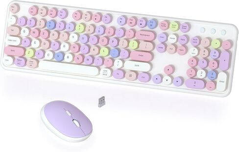 Colorful Wireless Keyboard and Mouse Combo, 2.4GHz Wireless Retro Cute Round Keycaps Keyboard, 104 Keys Full-Sized Keyboard Mouse Set with Switch Button for PC Laptop Desktop (Rose Gradient) in Saudi Arabia