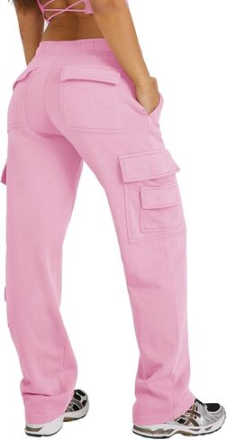 Womens Fleece Cargo Sweatpants High Waisted Drawstring Baggy Joggers Pants Straight Leg Casual Sweatpants in Saudi Arabia