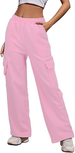 Womens Fleece Cargo Sweatpants High Waisted Drawstring Baggy Joggers Pants Straight Leg Casual Sweatpants in Saudi Arabia