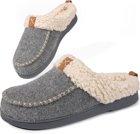 LongBay Women's Moccasin Slippers Faux Wool Felt Slip-On Bedroom Clog Comfy Memory Foam Indoor Outdoor House Shoes with Fuzzy Collar Burgundy 7-8 in Saudi Arabia