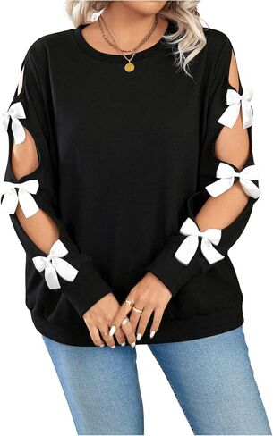 Women's Plus Size Sweatshirts Bow Cut Out Long Sleeve Cute Pullover Tops Spring Fall Clothes Trendy in Saudi Arabia