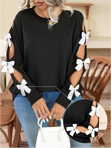 Women's Plus Size Sweatshirts Bow Cut Out Long Sleeve Cute Pullover Tops Spring Fall Clothes Trendy in Saudi Arabia