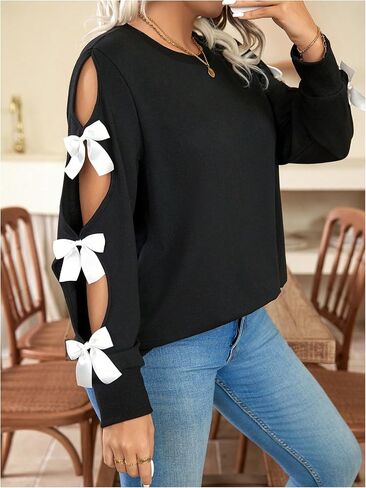 Women's Plus Size Sweatshirts Bow Cut Out Long Sleeve Cute Pullover Tops Spring Fall Clothes Trendy in Saudi Arabia