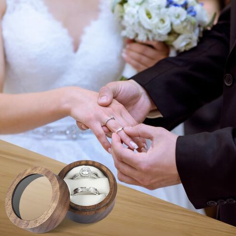 Ring Box for Wedding Ceremony 2 Rings, Wooden Ring Box with Clear Top, Mini Ring Bearer Round Ring Holder for Engagement Ceremony Proposal Anniversary (White + Clear Top) in Saudi Arabia