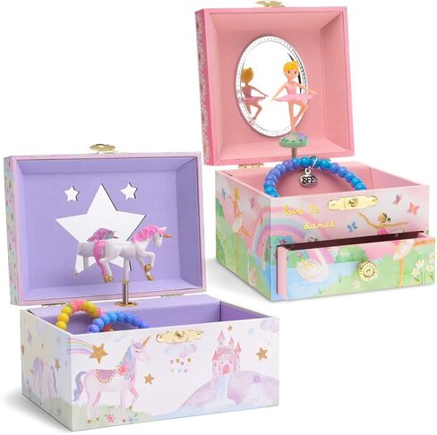 صندوق المجوهرات الموسيقية Jewelkeeper مع راقصة الباليه الدوارة، تصميم قوس قزح ورقائق ذهبية، نغمة بحيرة البجع وصندوق تخزين المجوهرات الموسيقية للفتيات مع يونيكورن دوار، تصميم قوس قزح لامع ونجوم in Kuwait