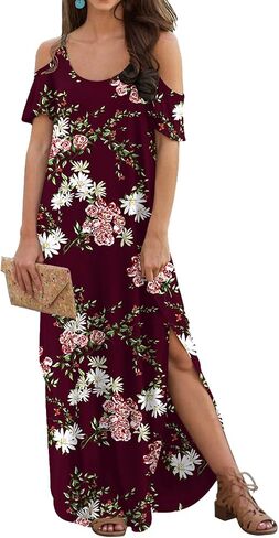 GRECERELLE Women Summer Maxi Dresses Casual Loose Strapless Strap Cold Shoulder Short Sleeve Split Long Dress with Pocket in Saudi Arabia