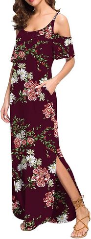 GRECERELLE Women Summer Maxi Dresses Casual Loose Strapless Strap Cold Shoulder Short Sleeve Split Long Dress with Pocket in Saudi Arabia