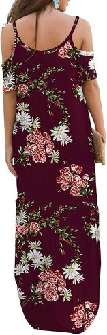 GRECERELLE Women Summer Maxi Dresses Casual Loose Strapless Strap Cold Shoulder Short Sleeve Split Long Dress with Pocket in Saudi Arabia