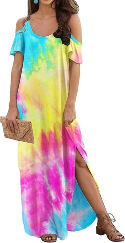GRECERELLE Women Summer Maxi Dresses Casual Loose Strapless Strap Cold Shoulder Short Sleeve Split Long Dress with Pocket in Saudi Arabia