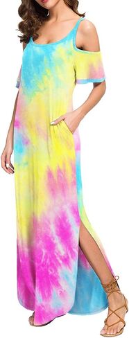 GRECERELLE Women Summer Maxi Dresses Casual Loose Strapless Strap Cold Shoulder Short Sleeve Split Long Dress with Pocket in Saudi Arabia
