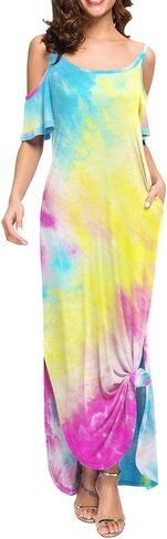 GRECERELLE Women Summer Maxi Dresses Casual Loose Strapless Strap Cold Shoulder Short Sleeve Split Long Dress with Pocket in Saudi Arabia