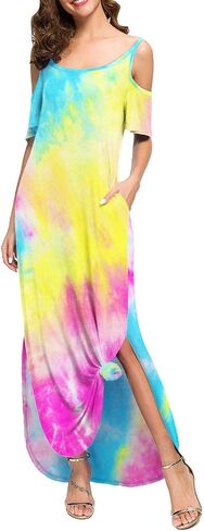 GRECERELLE Women Summer Maxi Dresses Casual Loose Strapless Strap Cold Shoulder Short Sleeve Split Long Dress with Pocket in Saudi Arabia
