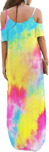 GRECERELLE Women Summer Maxi Dresses Casual Loose Strapless Strap Cold Shoulder Short Sleeve Split Long Dress with Pocket in Saudi Arabia