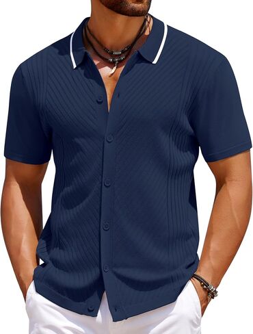 COOFANDY Men's Knit Short Sleeve Button Down Shirt Vintage Fashion Polo Shirt Casual Summer Beach Shirts in Saudi Arabia