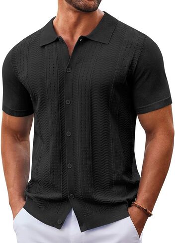 COOFANDY Mens Knit Button Down Shirt Short Sleeve Summer Casual Shirts Vintage Beach Vacation Shirts in Kuwait