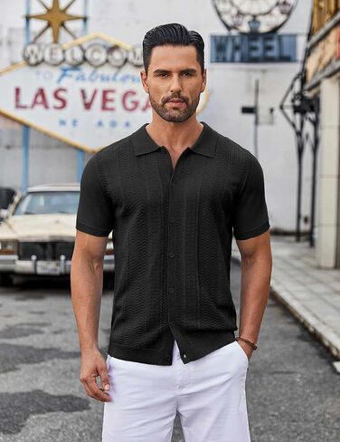 COOFANDY Mens Knit Button Down Shirt Short Sleeve Summer Casual Shirts Vintage Beach Vacation Shirts in Kuwait
