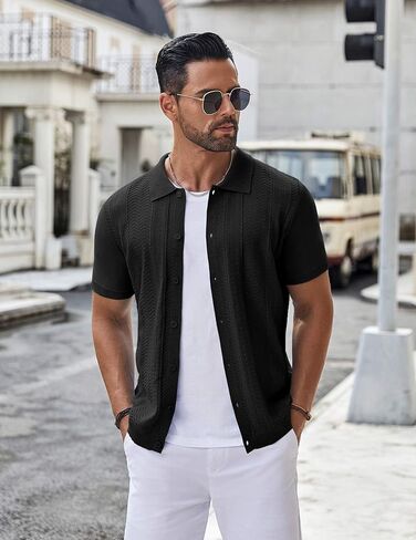 COOFANDY Mens Knit Button Down Shirt Short Sleeve Summer Casual Shirts Vintage Beach Vacation Shirts in Kuwait