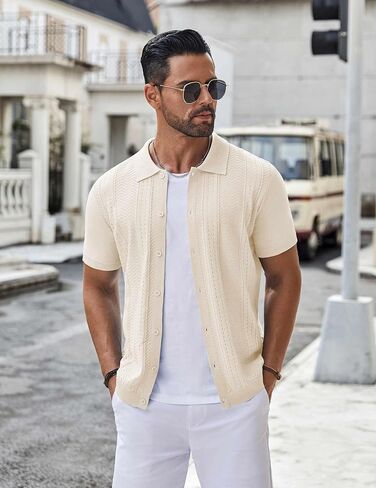COOFANDY Mens Knit Button Down Shirt Short Sleeve Summer Casual Shirts Vintage Beach Vacation Shirts in Saudi Arabia