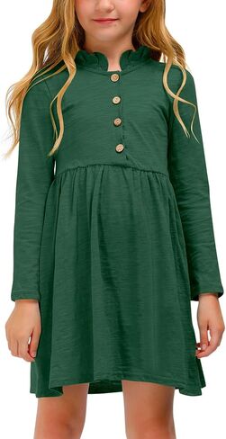 BesserBay Girl's Ruffle Collar Button-Down Pleated Casual Swing Midi Dress 4-12 Years in Kuwait