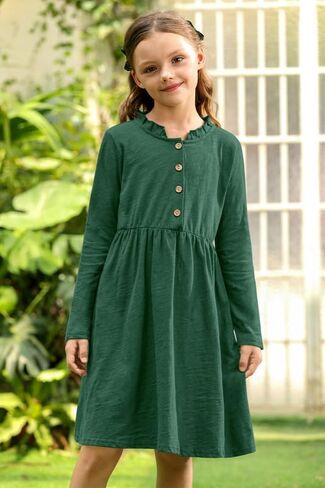 BesserBay Girl's Ruffle Collar Button-Down Pleated Casual Swing Midi Dress 4-12 Years in Kuwait