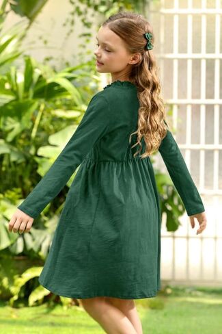 BesserBay Girl's Ruffle Collar Button-Down Pleated Casual Swing Midi Dress 4-12 Years in Kuwait