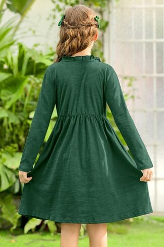 BesserBay Girl's Ruffle Collar Button-Down Pleated Casual Swing Midi Dress 4-12 Years in Kuwait