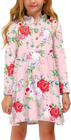 BesserBay Girl's Ruffle Collar Button-Down Pleated Casual Swing Midi Dress 4-12 Years in Kuwait