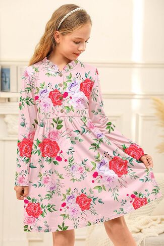 BesserBay Girl's Ruffle Collar Button-Down Pleated Casual Swing Midi Dress 4-12 Years in Kuwait