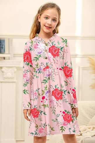 BesserBay Girl's Ruffle Collar Button-Down Pleated Casual Swing Midi Dress 4-12 Years in Kuwait