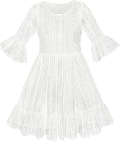 فستان مشمس للفتيات على شكل زهرة من الدانتيل الأبيض لحفلات الزفاف مقاس 5-10 in Kuwait