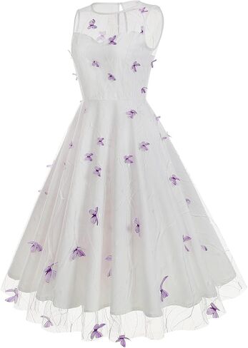 ODIZLI Women's 1950s Retro Vintage Dress Sleeveless Round Neck Heart Print Embroidery Mesh Swing Dress in Kuwait