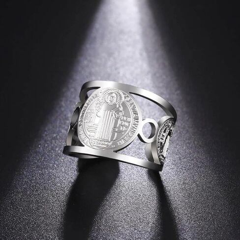 TEAMER Religious Saint Benedict Ring Stainless Steel Resizable St. Benedict Ring Catholic Christian Faith Evil Protection Amulet Jewelry For Women Men in Kuwait