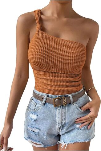 OYOANGLE Women's Sleeveless One Shoulder Knot Front Waffle Knit Tank Top Asymmetrical Neck Cami Tops in Saudi Arabia