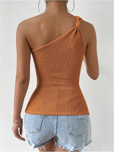 OYOANGLE Women's Sleeveless One Shoulder Knot Front Waffle Knit Tank Top Asymmetrical Neck Cami Tops in Saudi Arabia