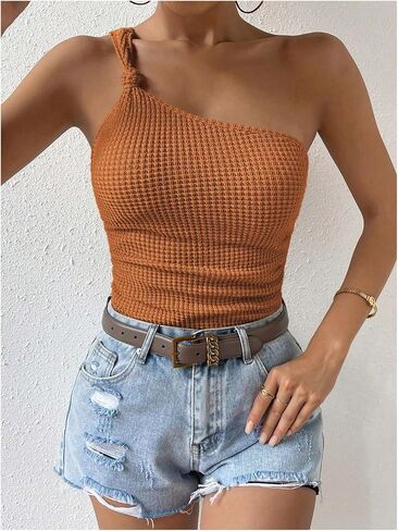 OYOANGLE Women's Sleeveless One Shoulder Knot Front Waffle Knit Tank Top Asymmetrical Neck Cami Tops in Saudi Arabia
